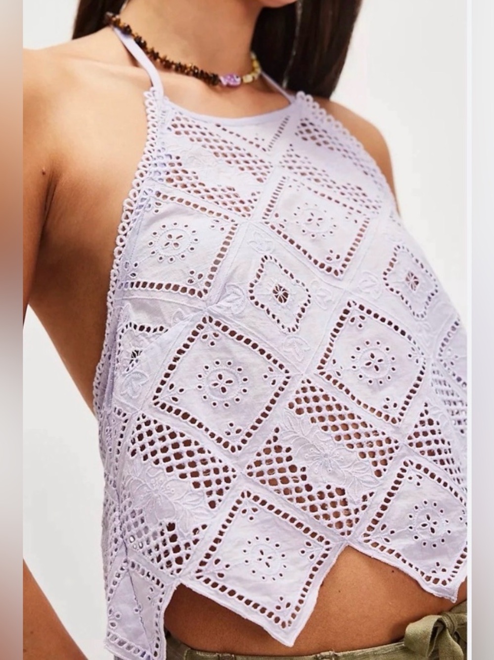 NWT Free People Hankie Halter Tank Top Floral Eyelet Cotton L Vacation Boho